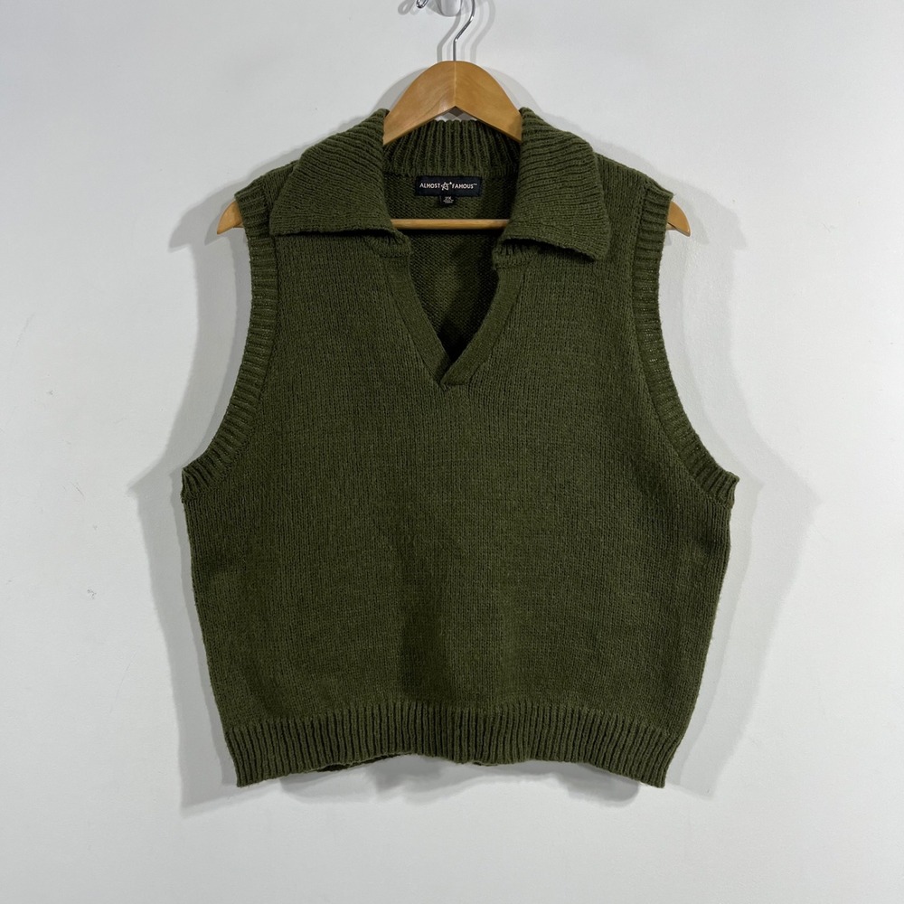 Womens Academia Preppy Heritage Olive Green Collared Knit Sweater Vest 2X Boho